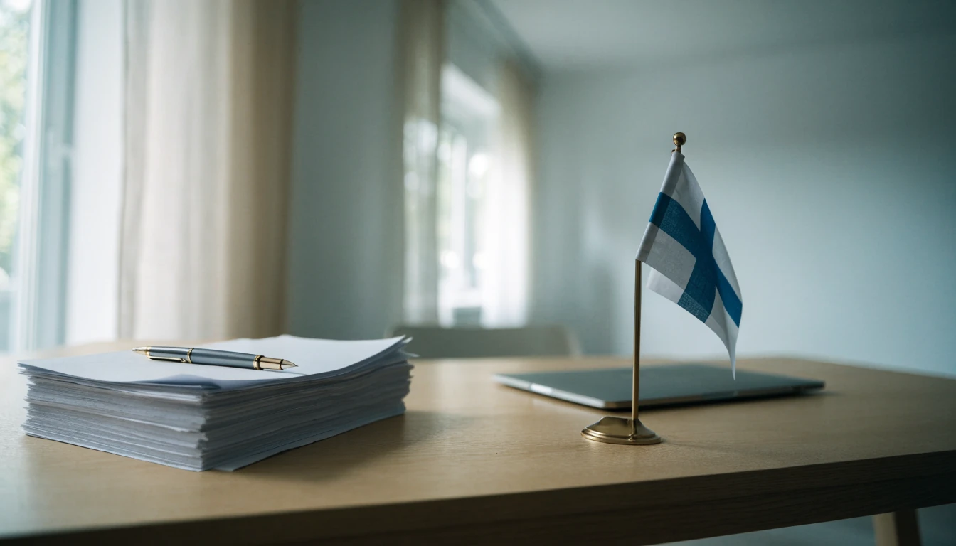 Skandinaavinen kirjoituspöytä, jossa asiakirjoja ja pieni Suomen lippu