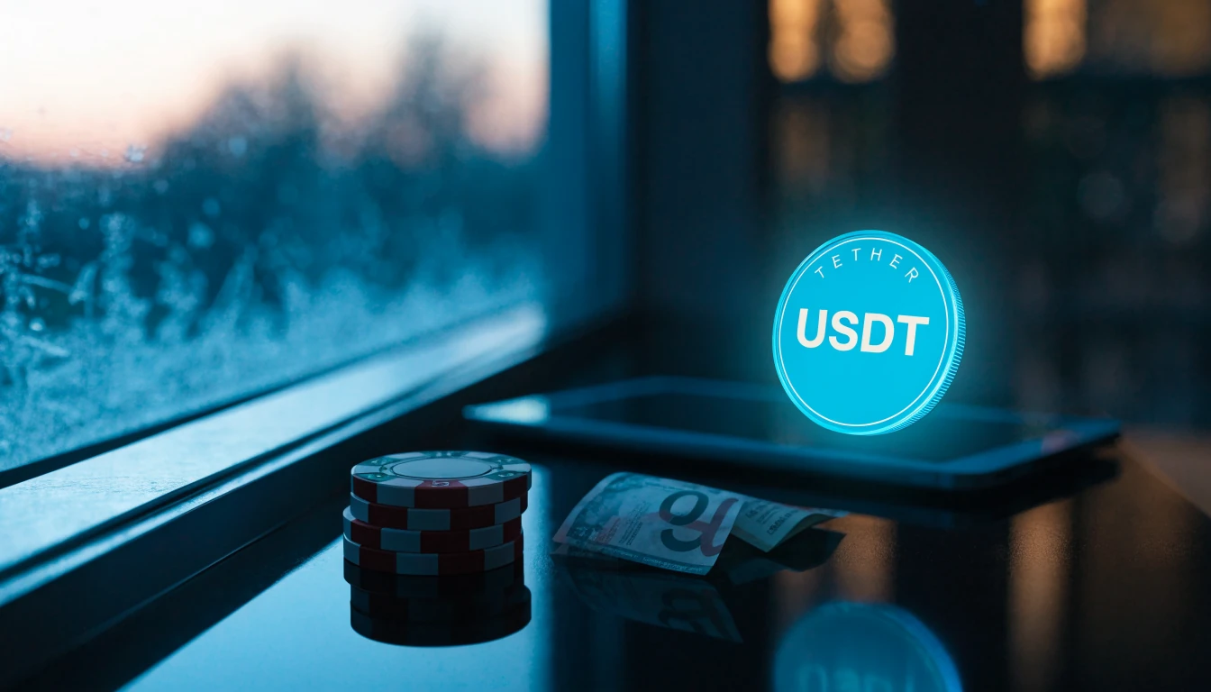 Tether-kolikko, pelimerkit ja pieni euroseteli pimeällä pöydällä