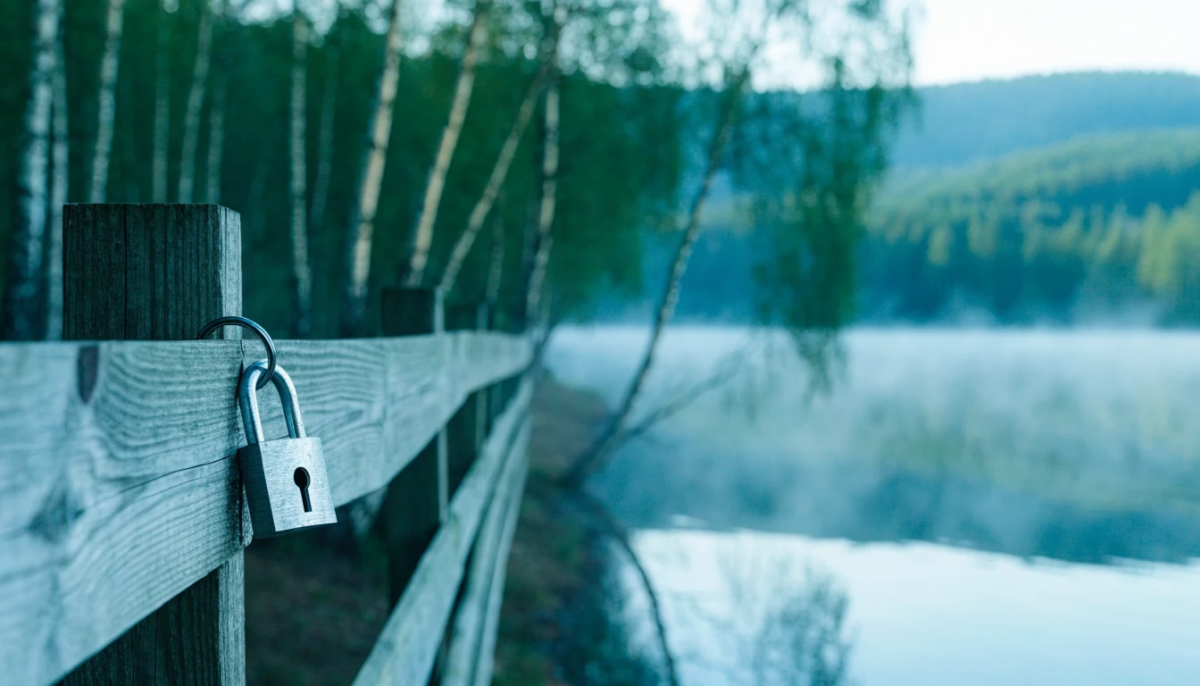 Riippulukko puisessa aidassa suomalaisen järvimaiseman edessä, sumuinen aamu